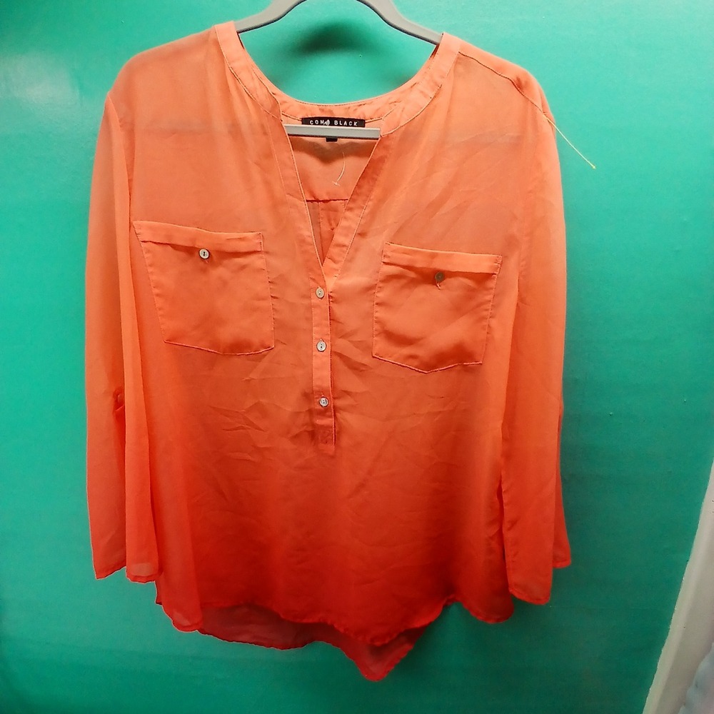 Como Black Henley Blouse XL Orange Sheer Button Front Utility Pocket Boho Office
